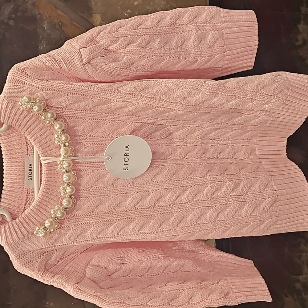 NWT Pearls on Pink Cable Crop Sweater L - Picture 3 of 6